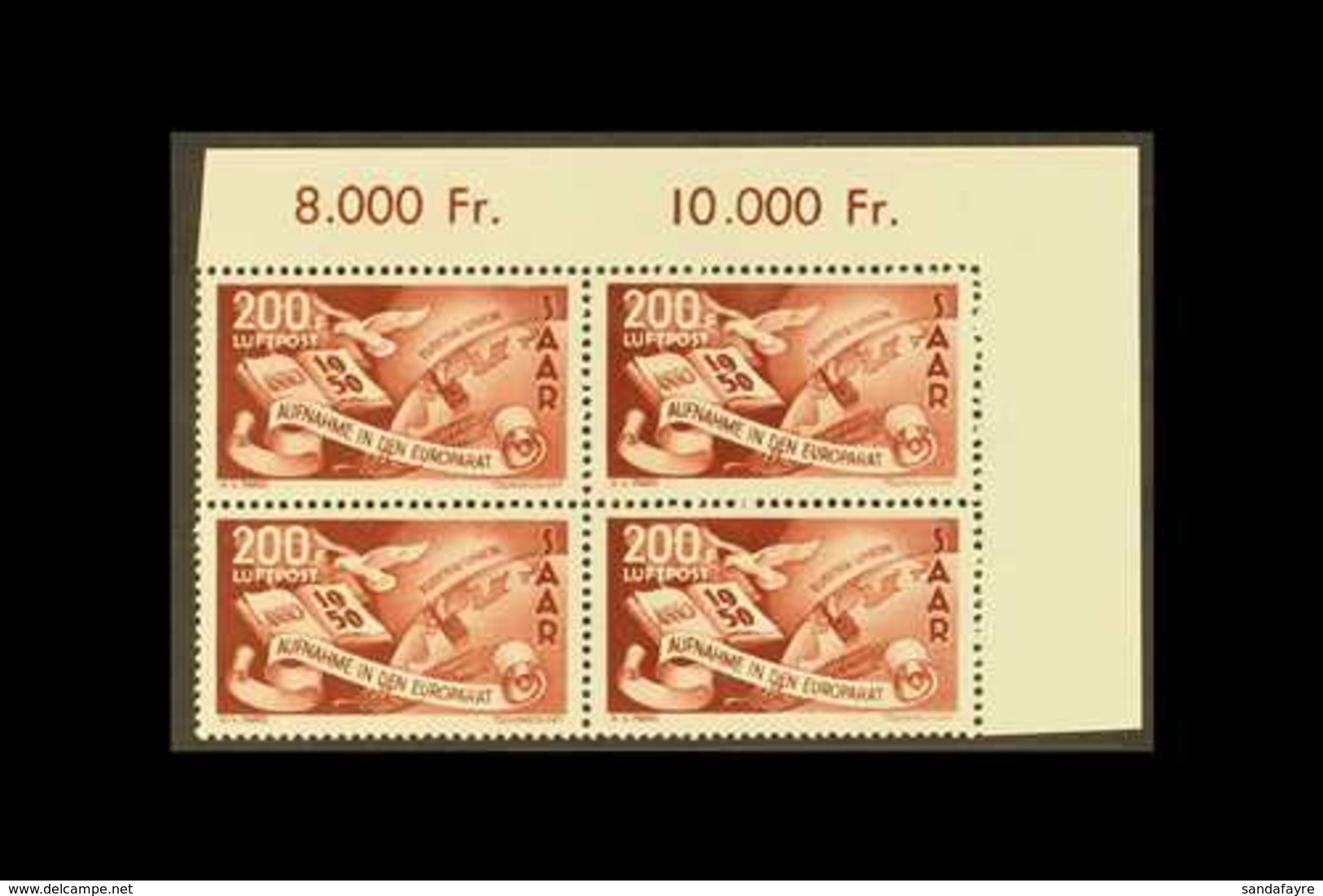 1950 200f Brown-lake Air Council Of Europe (Michel 298, SG 295), Superb Never Hinged Mint Upper Right Corner BLOCK Of 4, - Andere & Zonder Classificatie