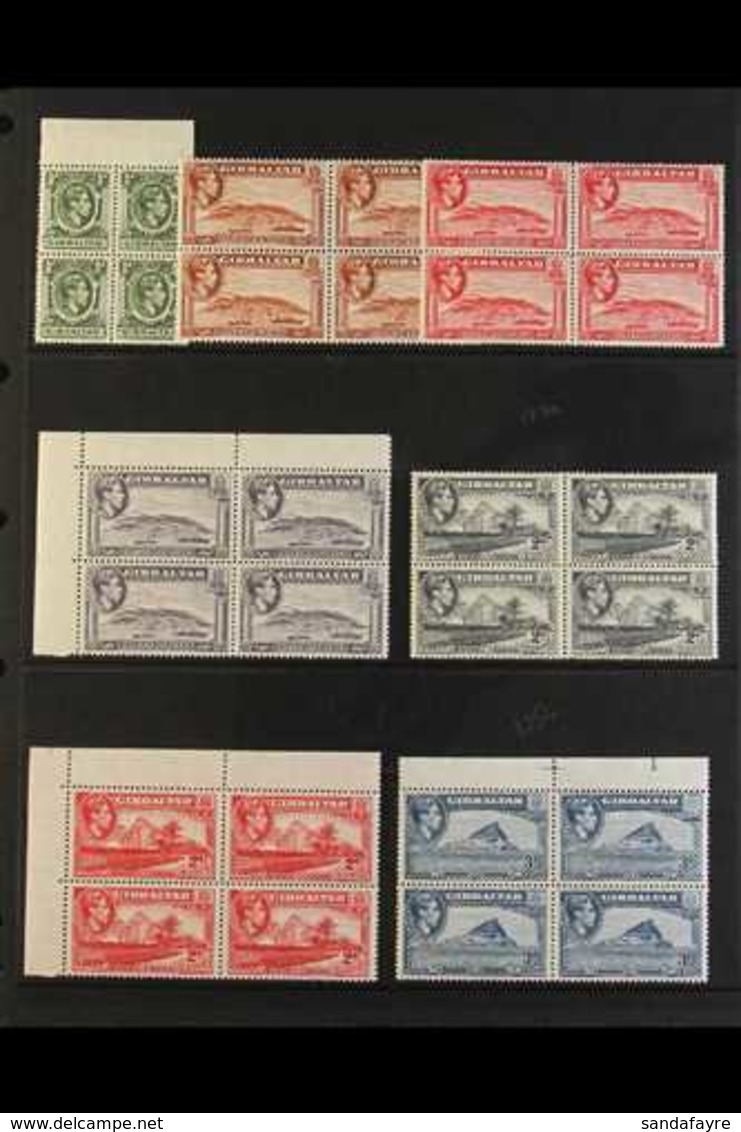 1938-51 KGVI Pictorial Definitive "Basic" Set, SG 121/31, In Never Hinged Mint Blocks Of 4. Includes ½d (SG 121), 1d Red - Gibraltar