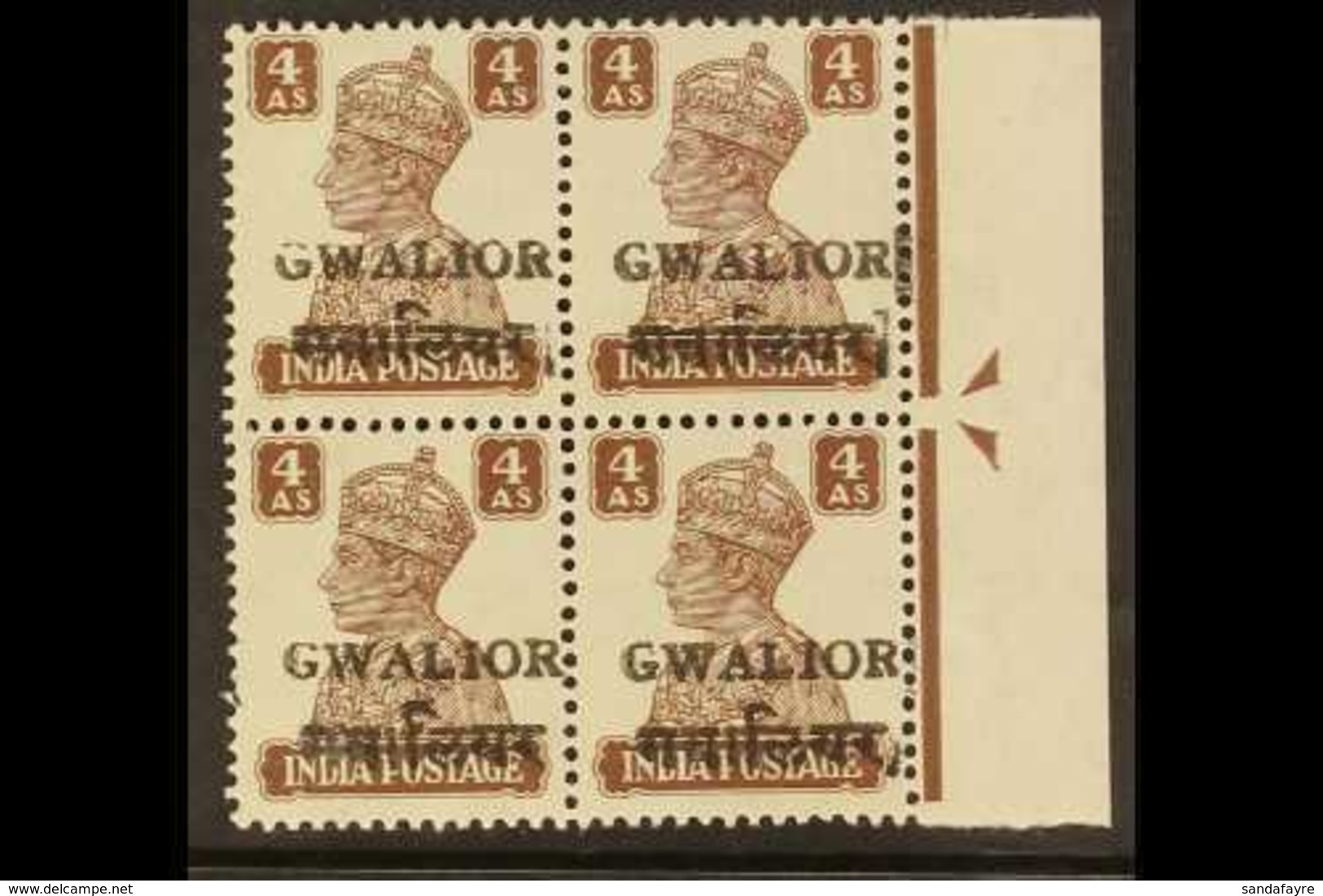 GWALIOR 1949 4a Brown Overprint, SG 134, Never Hinged Mint Right Marginal 'Arrow' BLOCK OF 4, Showing Guide Blocks On Th - Andere & Zonder Classificatie