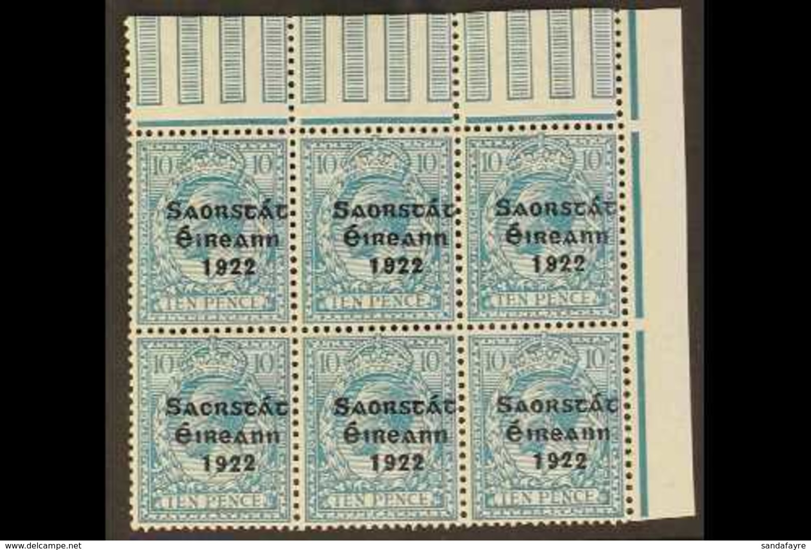 1922-23 10d Turquoise-blue, SG 62, Never Hinged Mint Upper Right Corner BLOCK OF 6 From The Lower Pane, One Stamp Showin - Andere & Zonder Classificatie