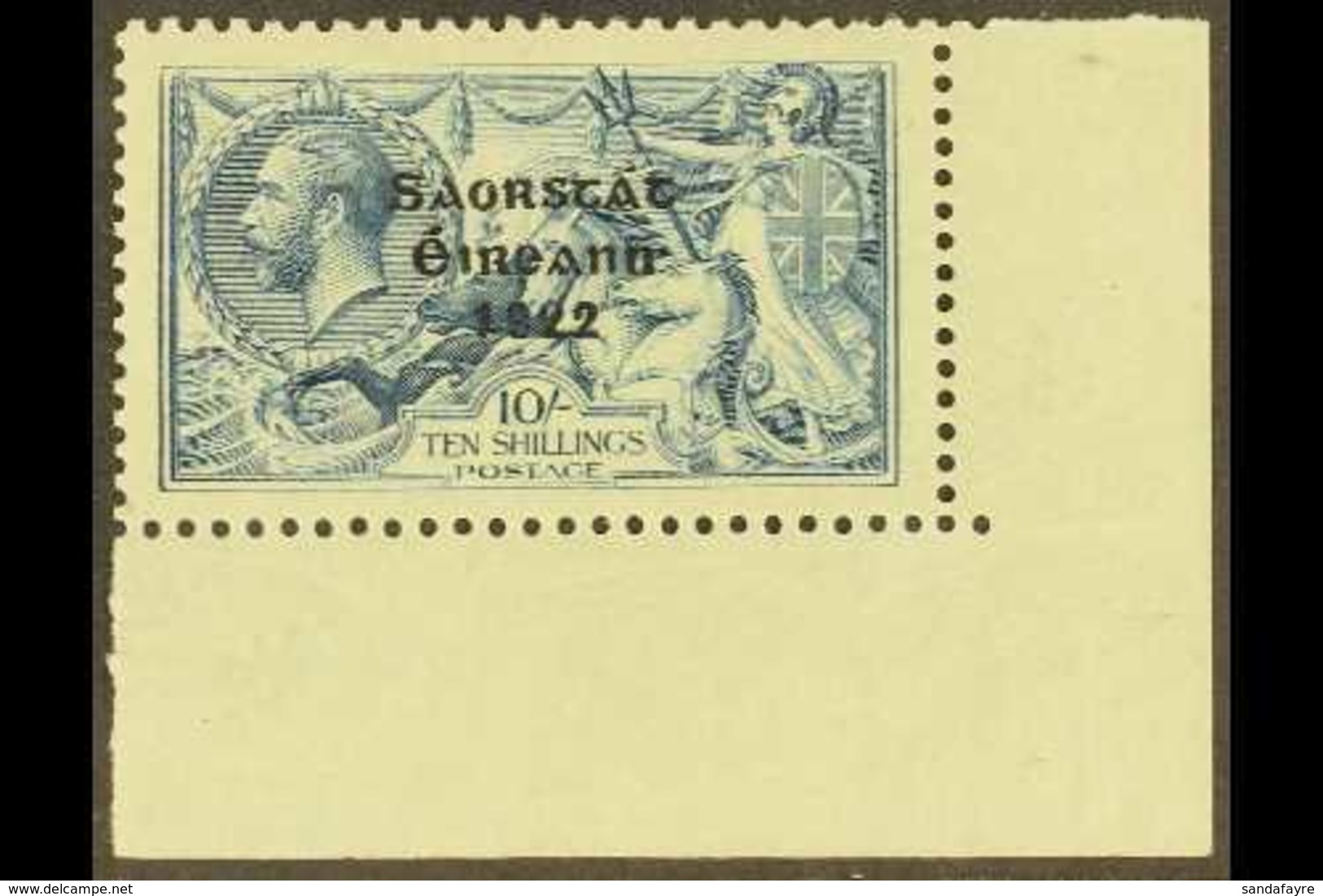 1922-3 10s Dull Grey-blue Seahorse, Thom, Three Line Overprint, Corner Marginal Example From Lower Right (R10/4), Showin - Andere & Zonder Classificatie