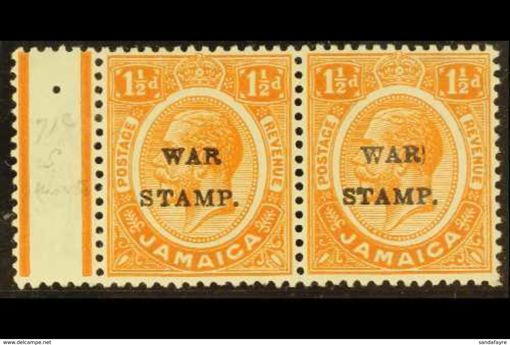 1916 1½d Orange War Stamp With "S" INSERTED BY HAND Variety, SG 71c, Very Fine Mint With Margin To Left, In Horizontal P - Jamaica (...-1961)