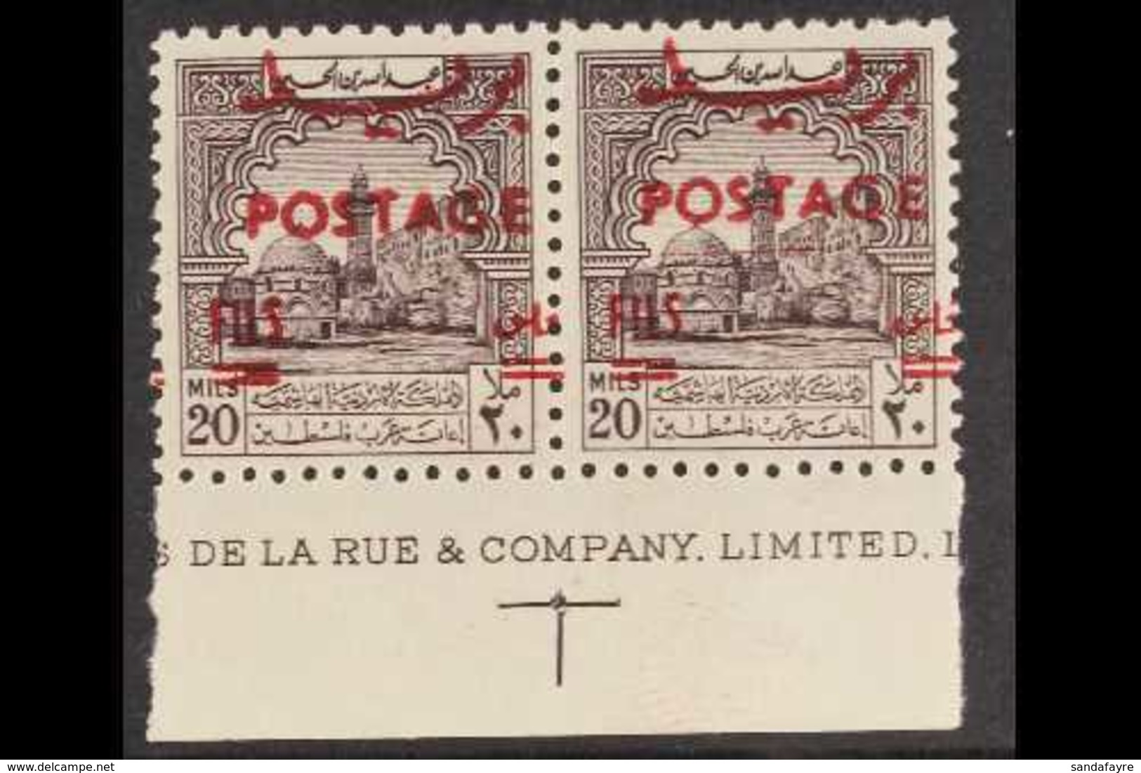 1953-56 20f On 20m Purple-brown "POSTAGE" Overprint, SG 406, Superb Never Hinged Mint Lower Marginal Horizontal PAIR Wit - Jordanien
