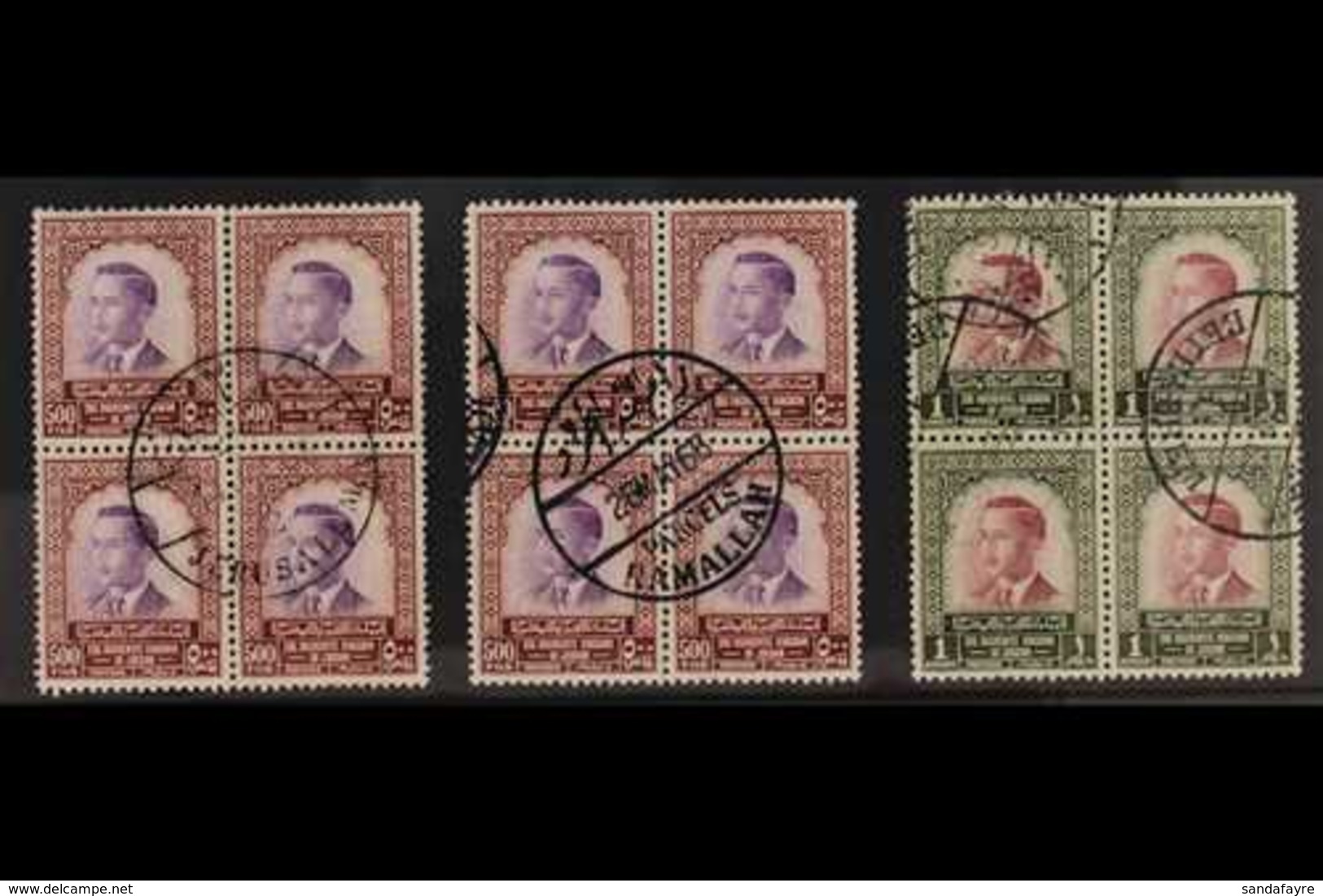 1955-65 A Trio Of USED BLOCKS OF 4 On A Stock Card, Includes Two Blocks Of 500m Purple & Red Brown "Hussein" (SG 457), O - Jordanië