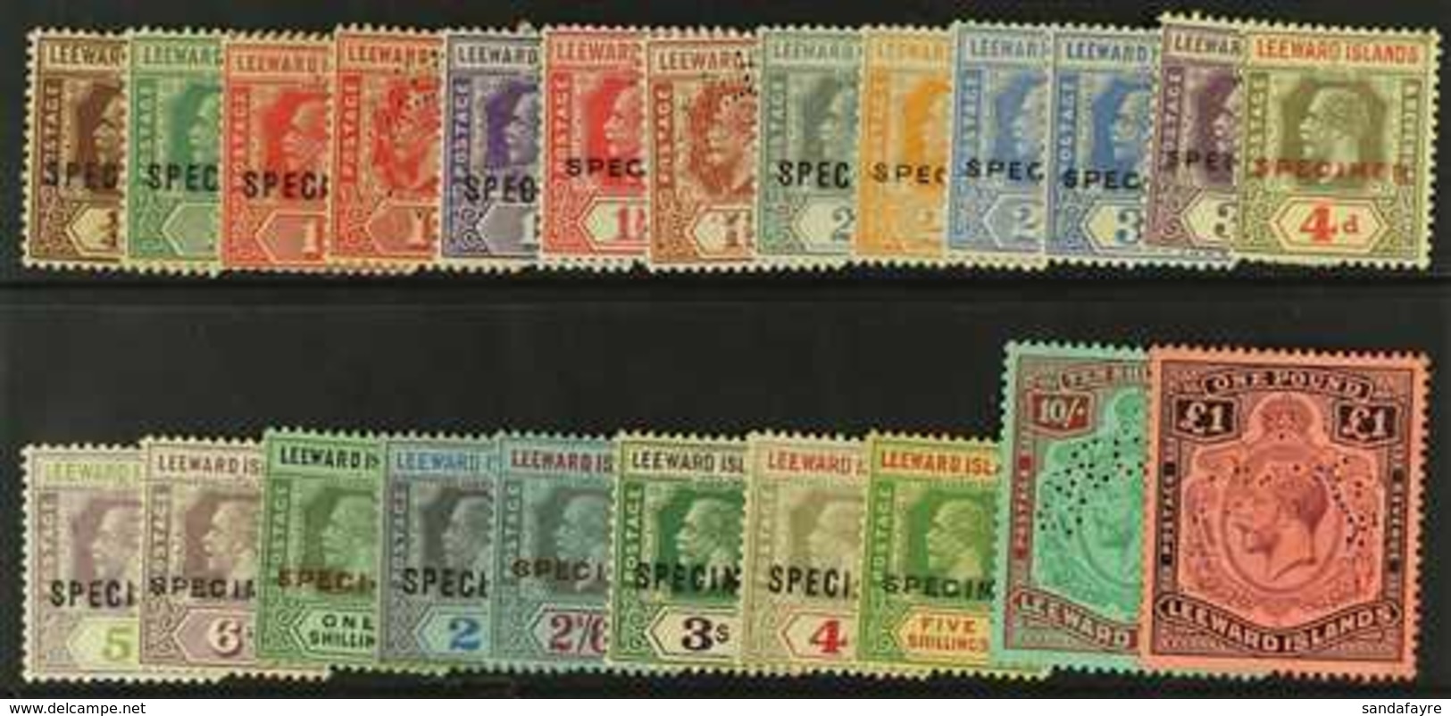 1921-32 Complete Set Overprinted Or Perf "SPECIMEN", SG 58/80s, Mint, The 10s And £1 Without Gum. (23 Stamps) For More I - Leeward  Islands