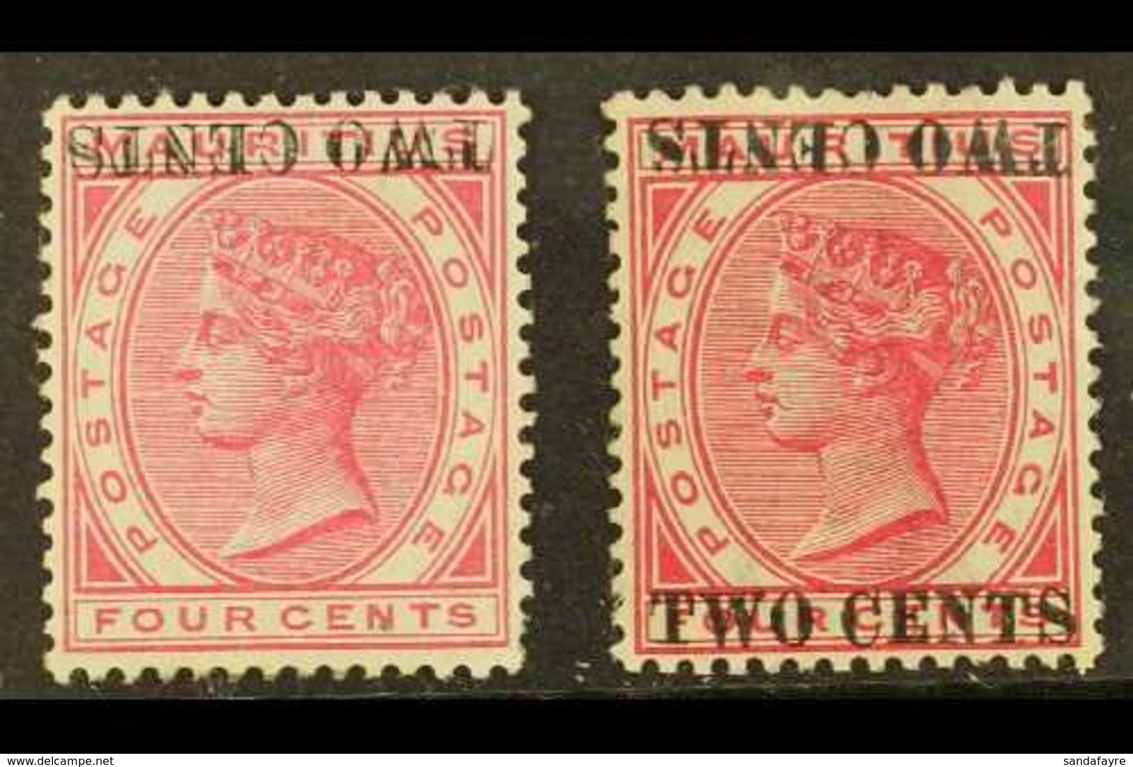 1891 2c On 4c Carmine SURCHARGE INVERTED Variety (one Short Perf), SG 118a, And 2c On 4c Carmine SURCHARGE DOUBLE, ONE I - Mauritius (...-1967)