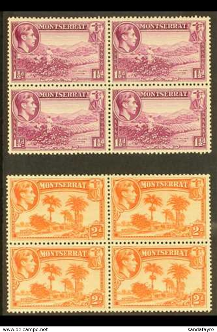 1938-48 1½d Purple And 2d Orange Both Perf 13, SG 103/04, Fine Never Hinged Mint BLOCKS Of 4, Fresh. (2 Blocks = 8 Stamp - Montserrat
