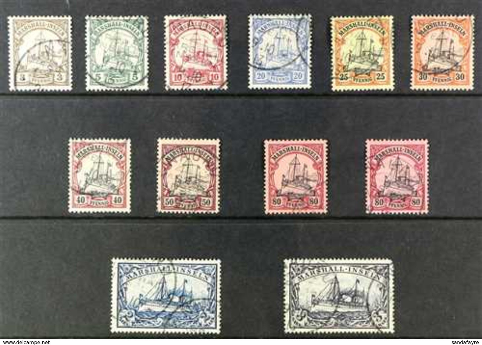 1908 - 14 Stamps Of Marshall Islands Used In Nauru, Values To 3mk Cancelled With "Nauru Marshall Inseln" Cds Cancels. Fi - Nauru