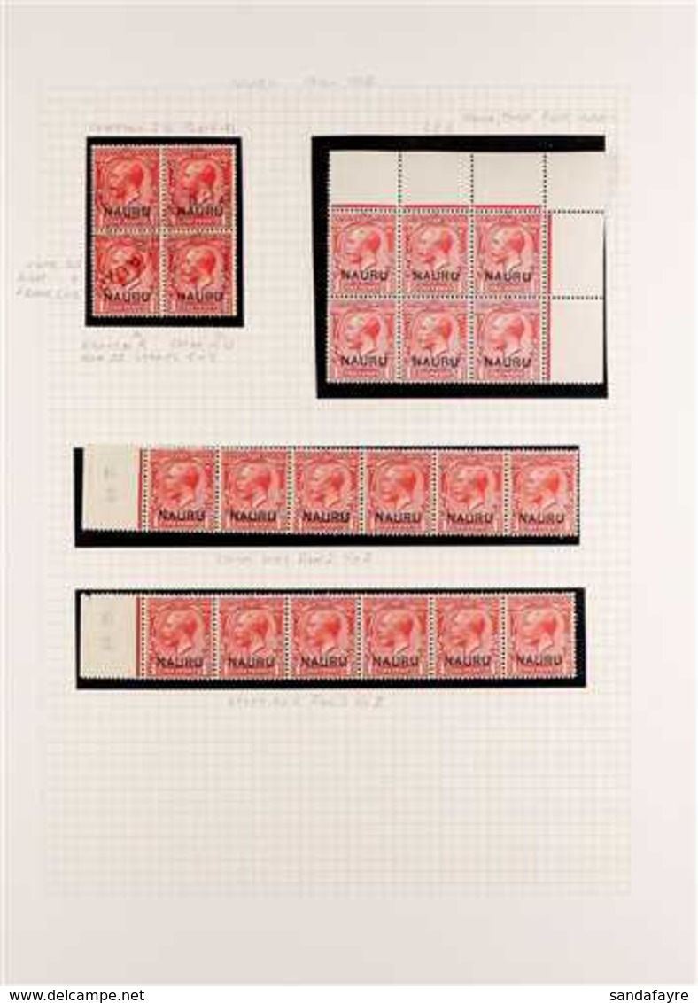 1916 - 23 1d Bright Scarlet Ovptd "Nauru", SG 2, Selection Of Positional Pieces Showing Variations In The Overprint Incl - Nauru
