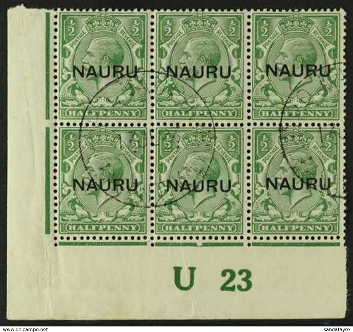 1923 ½d Green Geo V Ovptd "Nauru" 13½mm At Centre, SG 13, Control Corner Block Of 6, Control #23, Superb Used. (6 Stamps - Nauru