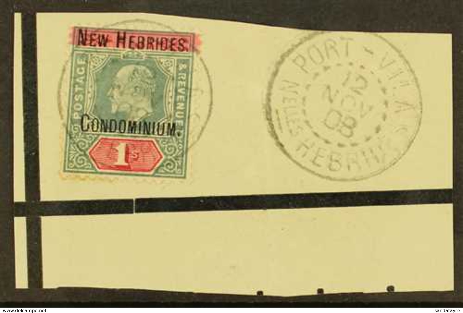 ENGLISH 1908 1s Green & Carmine Watermark CA Overprint, SG 9, Fine Used On Piece Tied By "Port Villa" Cds Cancel, Plus A - Other & Unclassified