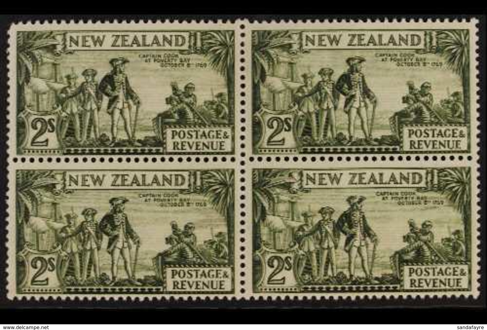 1935-36 2s Olive-green Captain Cook Perf 13½x14, SG 568c, Fine Mint BLOCK Of 4, Two Stamps Are Never Hinged, Fresh & Sca - Andere & Zonder Classificatie