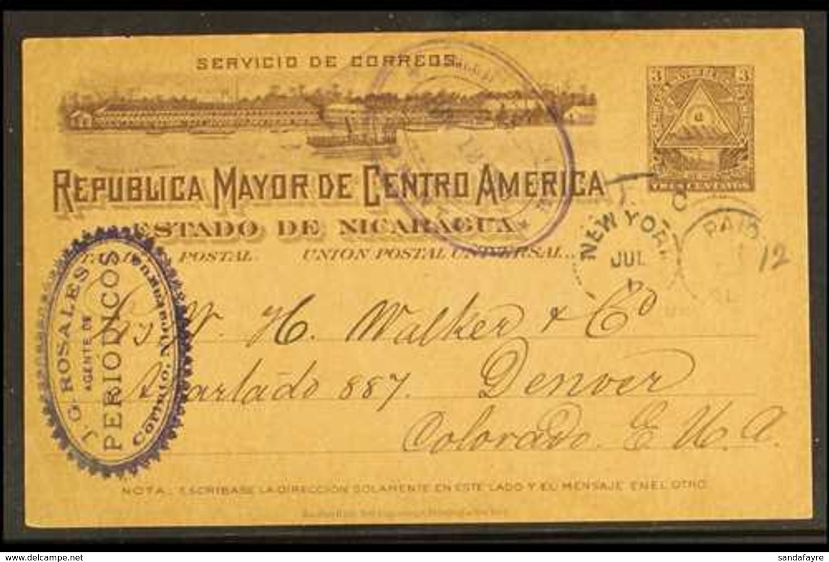 POSTAL STATIONERY 1899 3c Grey Postal Stationery Card To Colorado, USA, With Violet Oval CORINTO Postmark, New York Tran - Nicaragua