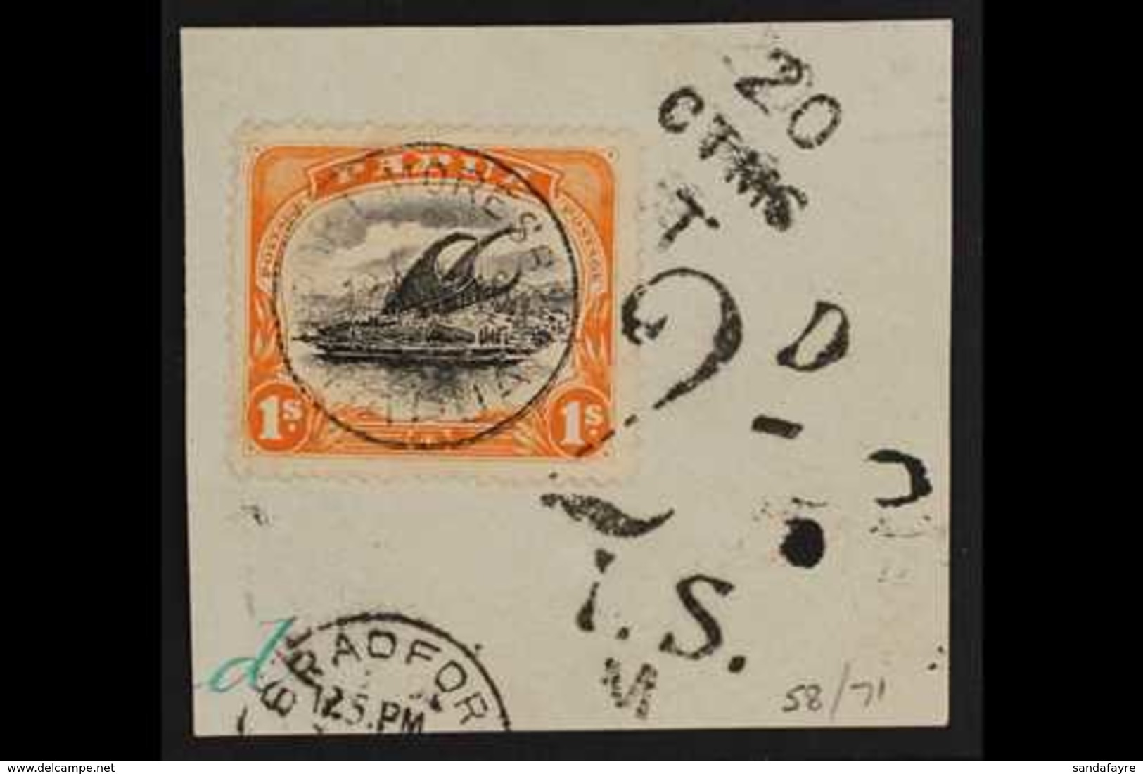 1907-10 1s Black & Orange Lakatoi Wmk Sideways Perf 12½, SG 71, Superb Used On Large Piece Cancelled With "Port Moresby" - Papoea-Nieuw-Guinea
