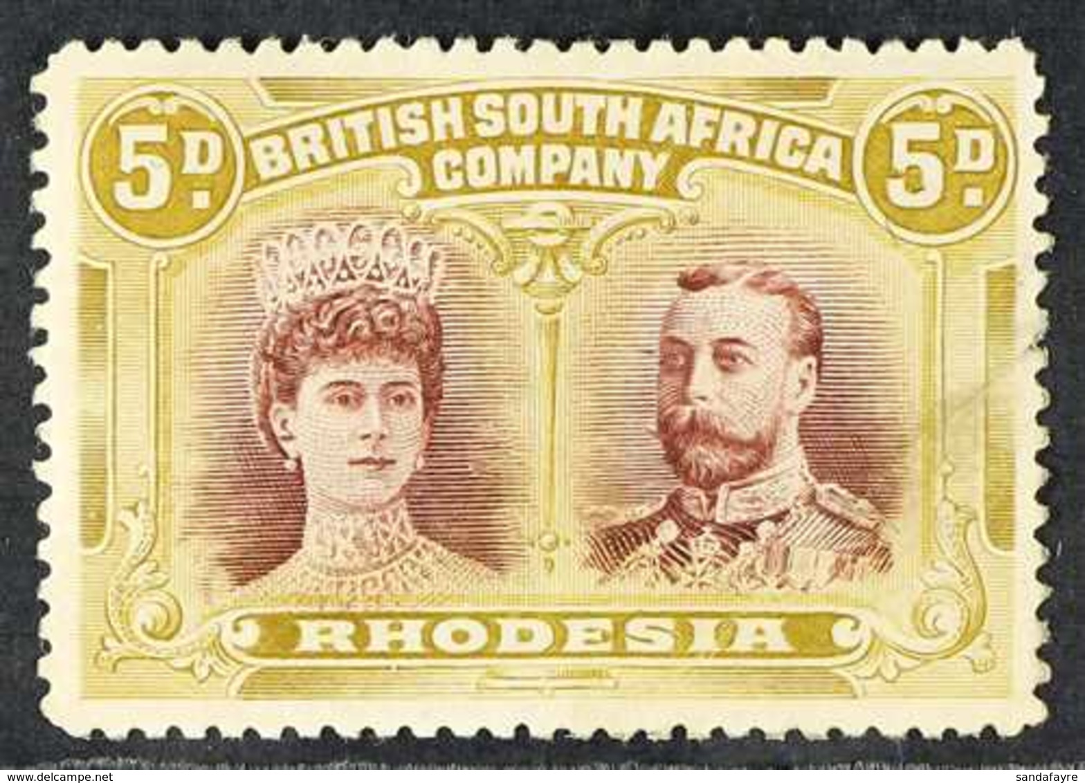 1910-13 5d Purple-brown & Olive-yellow Double Heads With GASH IN EAR Variety, SG 141a Var, Mint, Corner Crease, Scarce.  - Andere & Zonder Classificatie