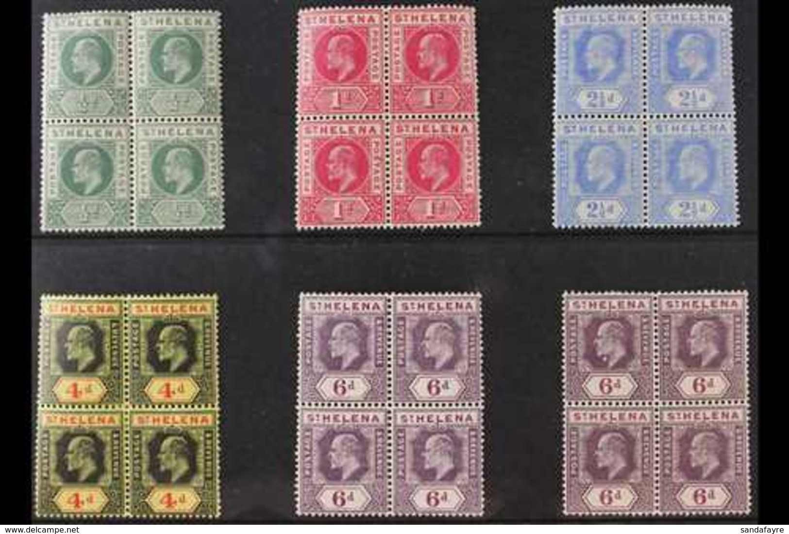 1902-11 BLOCKS OF 4. A Delightful Group Presented On A Stock Card That Includes The 1902 Set With ½d Green & 1d Carmine, - Sint-Helena