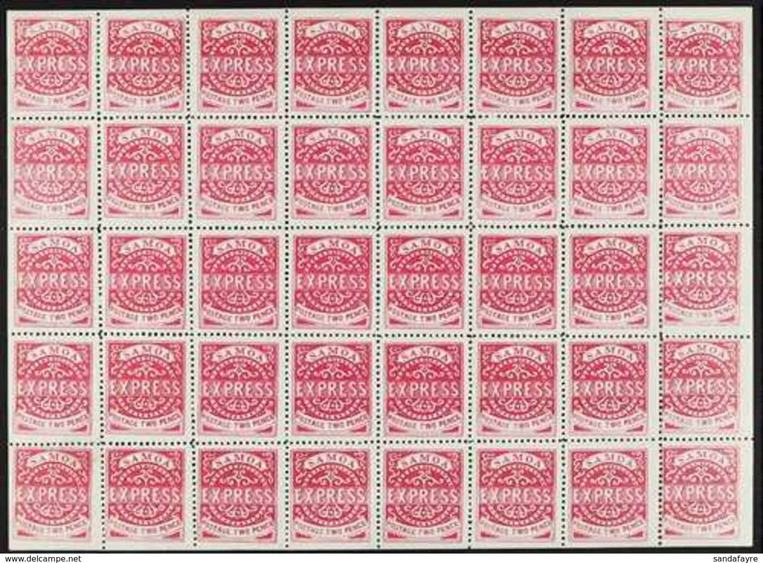 'SAMOA EXPRESS' REPRINTS COMPLETE SHEET OF 40. 1892 2d Rosine Perf 12½, Very Fine Mint (only Four Stamps Hinged) COMPLET - Samoa (Staat)