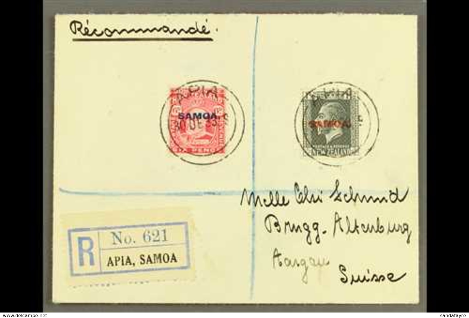 1933 6d Carmine & 1½d Slate, SG 119, 135, 7½d Franking On Registered Cover To Switzerland, Tied By Apia 30.12.33 Postmar - Samoa