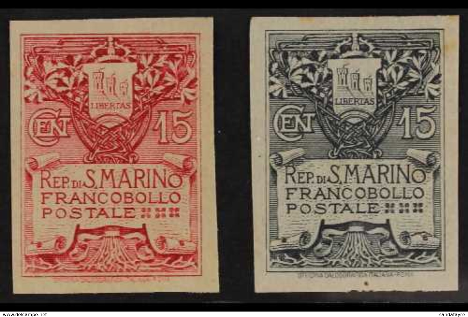 1907 15c Arms, In Grey Imperf, Sass 48a, Very Fine Mint And As A Proof In Red Without Gum. (2 Stamps) For More Images, P - Andere & Zonder Classificatie