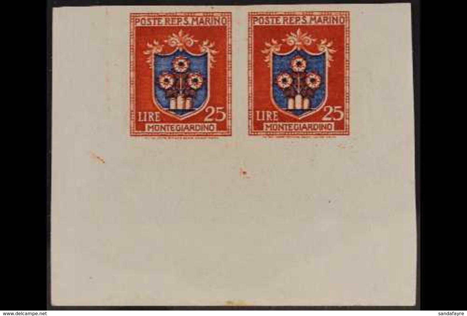 1945 - 1946 25L Red Brown And Ultramarine, Arms, Variety "imperf", Sass 294a, Superb Mint Corner Margin Pair. For More I - Andere & Zonder Classificatie