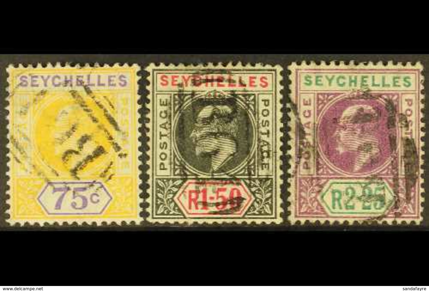 1906 75c, 1r.50 And 2r.25, SG 68/70 With B64 Cancels. (3 Stamps) For More Images, Please Visit Http://www.sandafayre.com - Seychellen (...-1976)