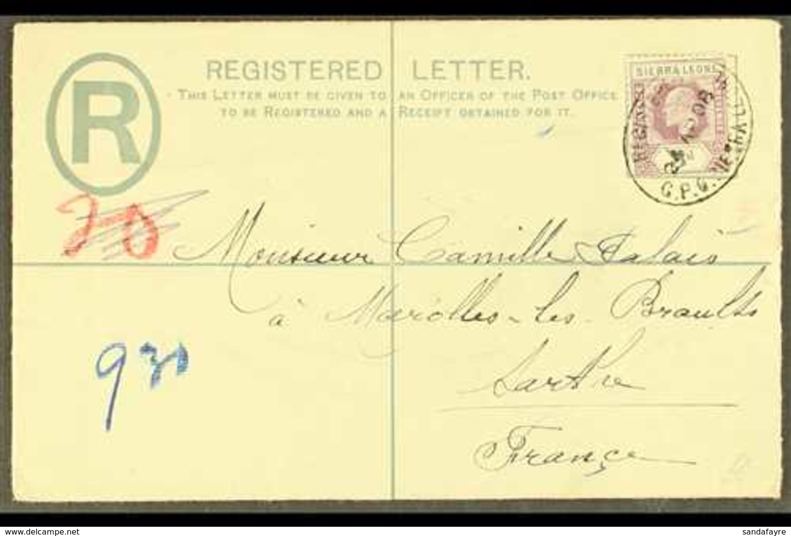 1908 (April) KE7 2d Registered Envelope  To France, Bearing Additional 3d (SG 91) Tied Oval "REGISTERED G.P.O. SIERRA LE - Sierra Leone (...-1960)