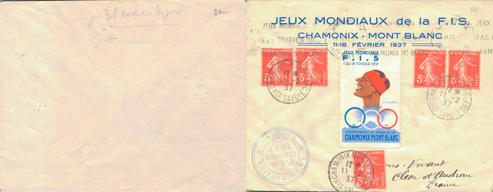 J47 - MARCOPHILIE - Jeux Mondiaux De Ski De La F.I.S. Chamonix-Mont-Blanc - Cachet Du 11-2-1937 - 1927-1959 Lettres & Documents