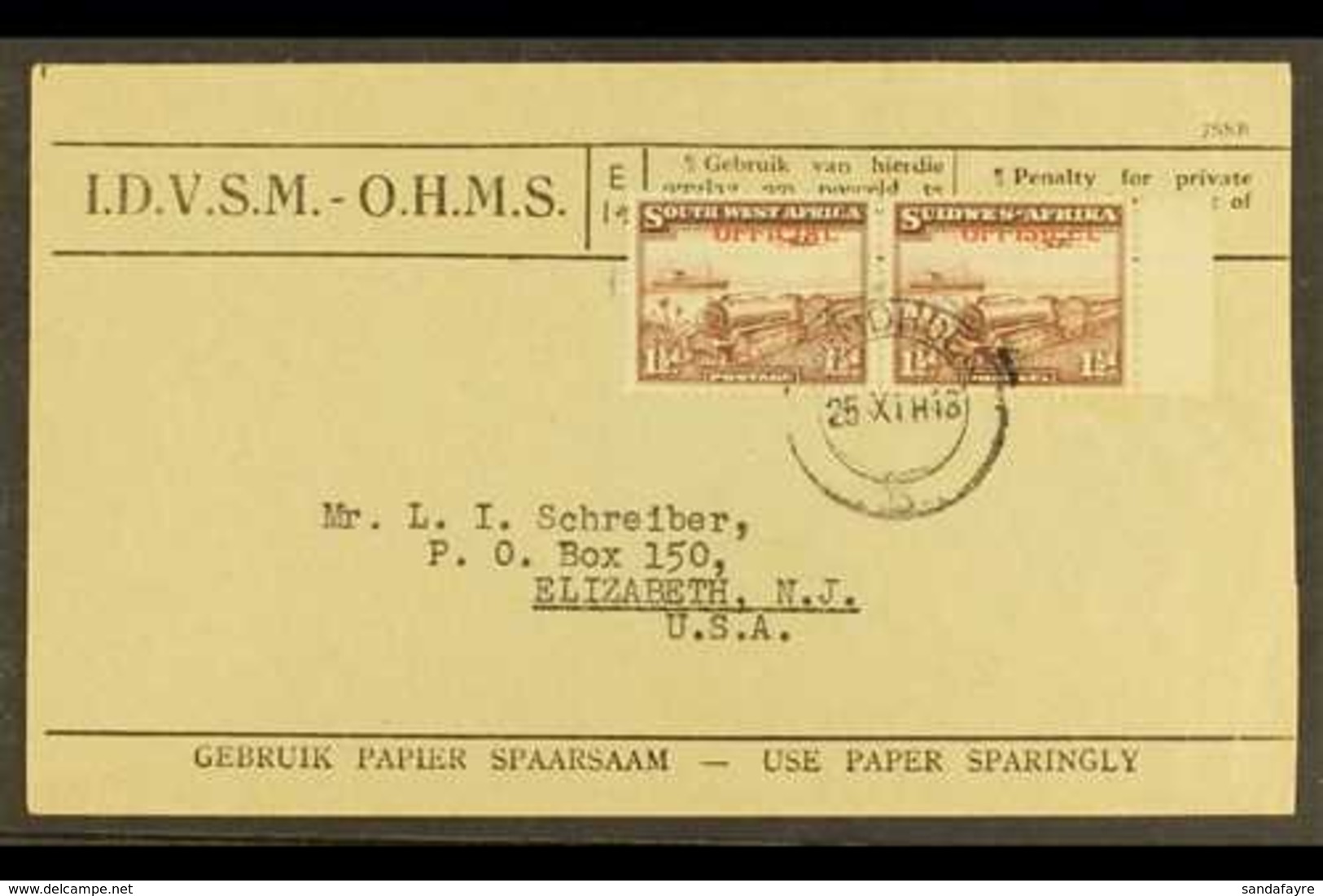 OFFICIALS 1945 - 50 1½d Purple Brown, SG O20, Bi-lingual Pair Superb Used On OHMS Cover To USA. Rare Franking!  For More - Zuidwest-Afrika (1923-1990)