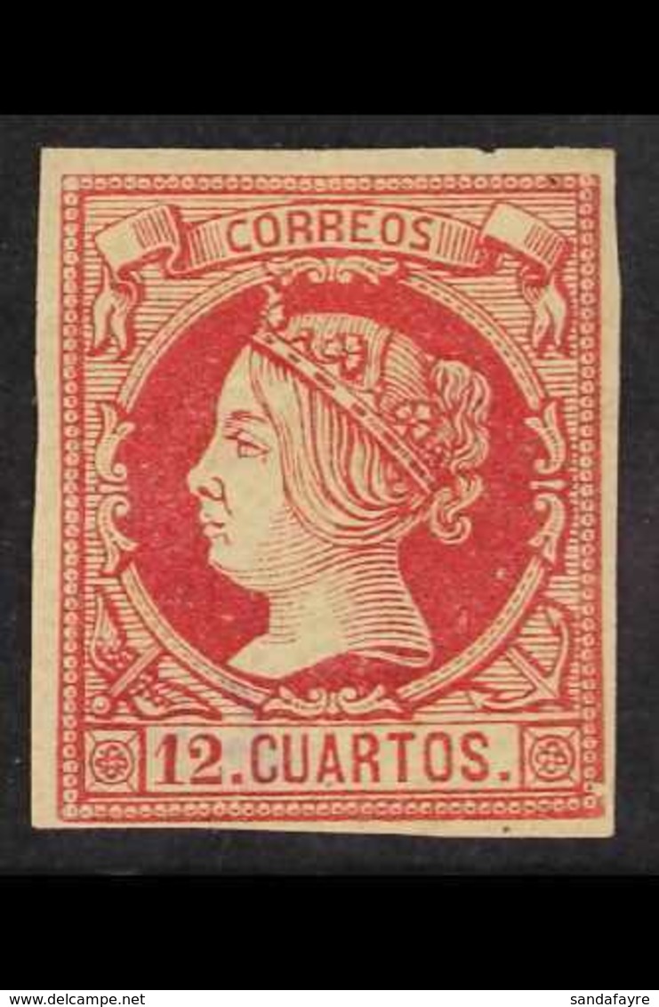 1860-61 12c Carmine On Buff (Edifil 53, Scott 51, SG 65), Mint With 4 Margins And Large Part Original Gum, Expertized (A - Andere & Zonder Classificatie