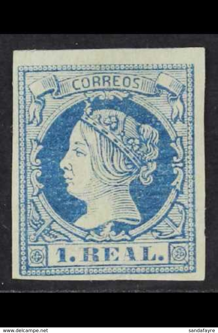 1860-61 1r Blue On Greenish (Edifil 55, Scott 53, SG 67) Fine Mint With 4 Good/ Huge Margins. For More Images, Please Vi - Andere & Zonder Classificatie
