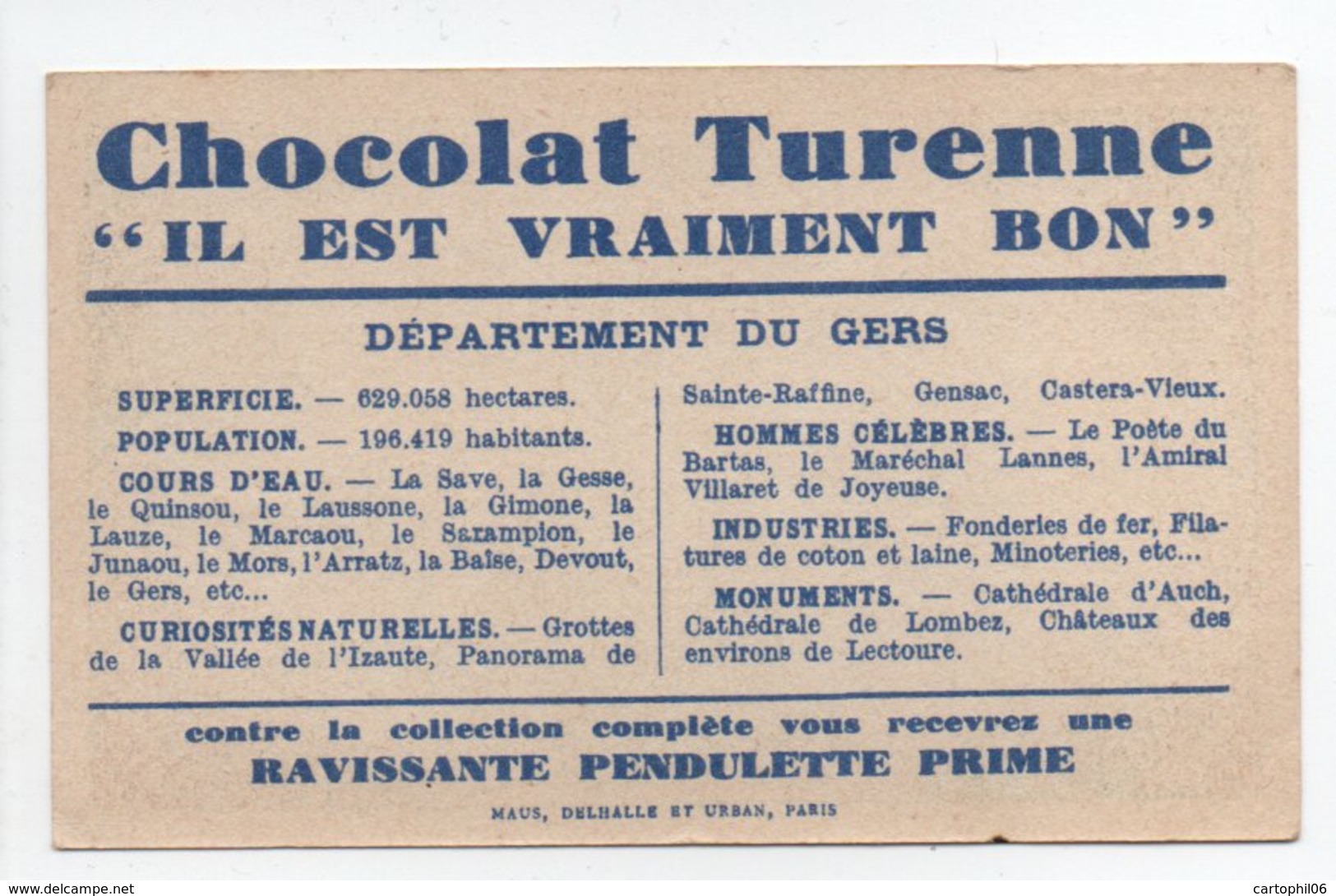 - CHROMO CHOCOLAT TURENNE - Carte Géographique GERS - - Altri & Non Classificati