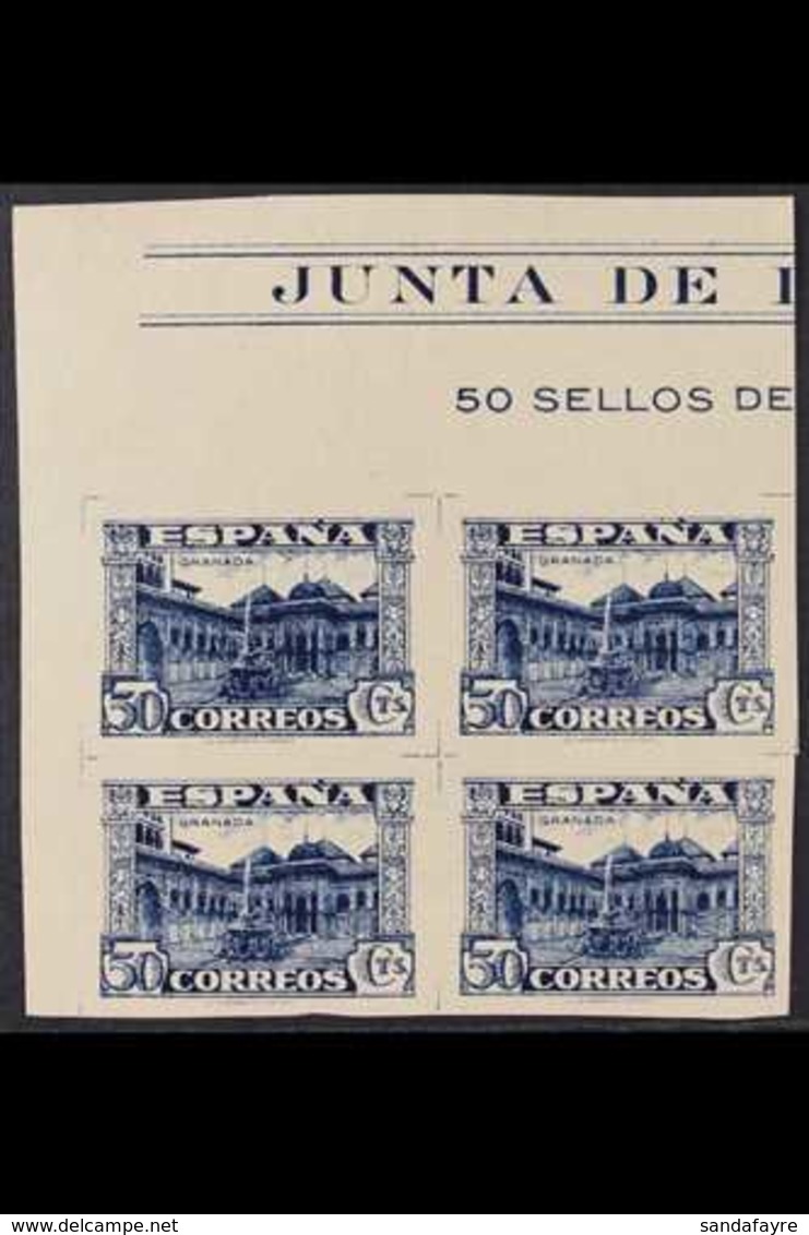 1936 50c Deep Blue "Granada", Variety IMPERFORATE, Edifil 809s, Imprint Corner Block Of 4, Never Hinged Mint For More Im - Andere & Zonder Classificatie