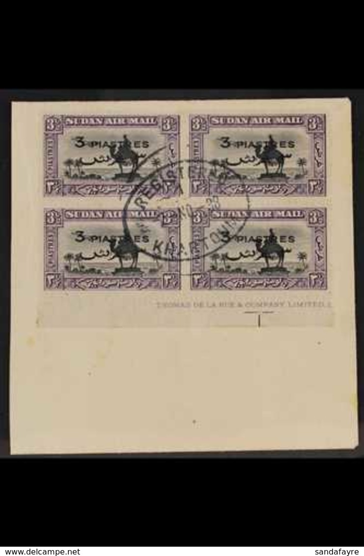 1938 3p On 3½p Black & Violet Perf 14 Surcharge, SG 75, Superb Used Lower Marginal BLOCK Of 4 With Almost Complete Impri - Soedan (...-1951)