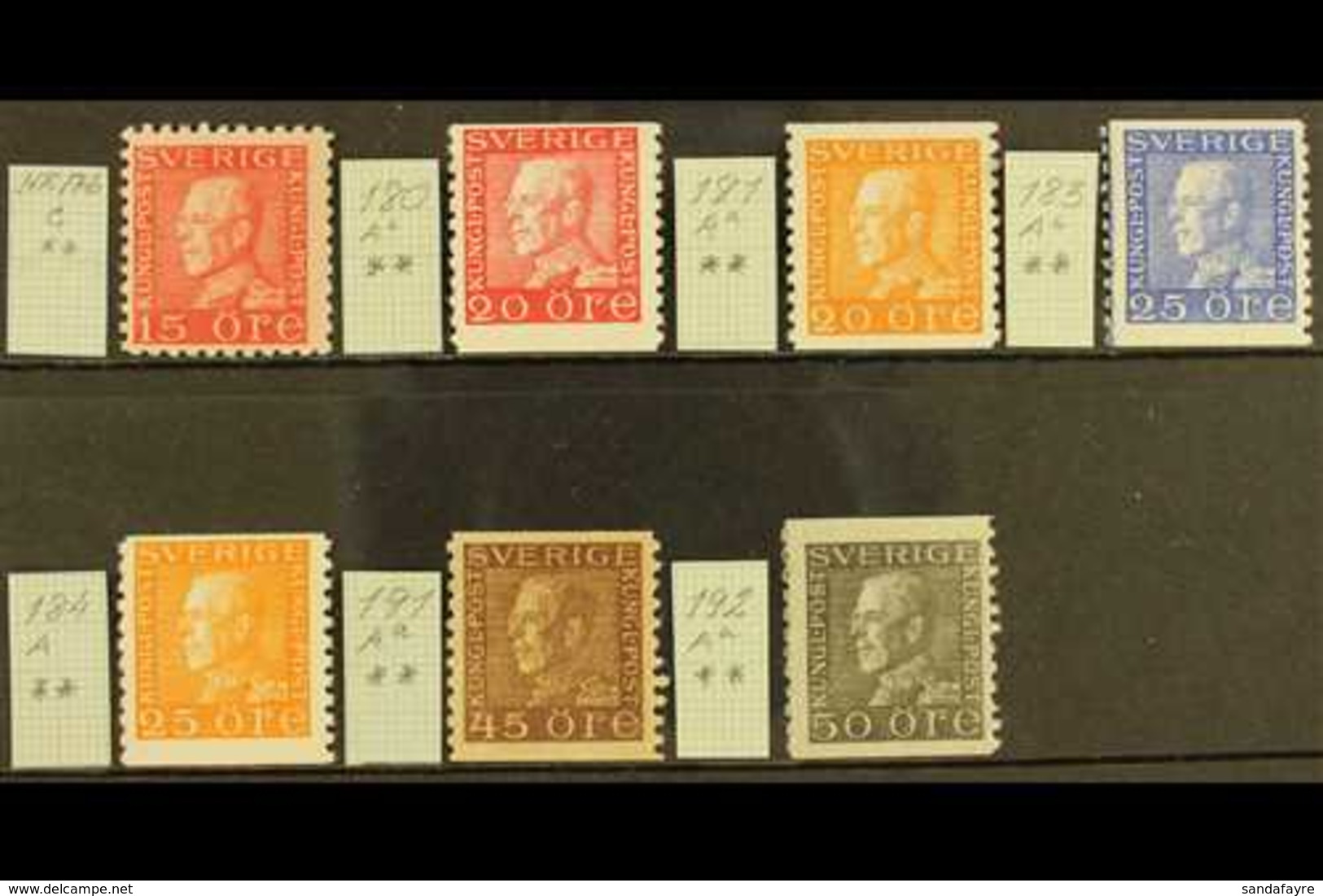 1921-36 King Gustaf V Fine Never Hinged Mint All Different Group, Comprising 1921-36 15o Red Perf 9¾ Type I And Imperf X - Andere & Zonder Classificatie