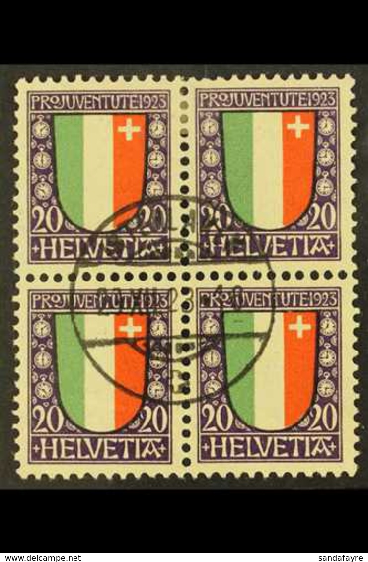 1923 20c (+5c) Pro Juventute (Mi 187, Zum 27), BLOCK OF FOUR Very Fine Used With Central Cds. For More Images, Please Vi - Other & Unclassified