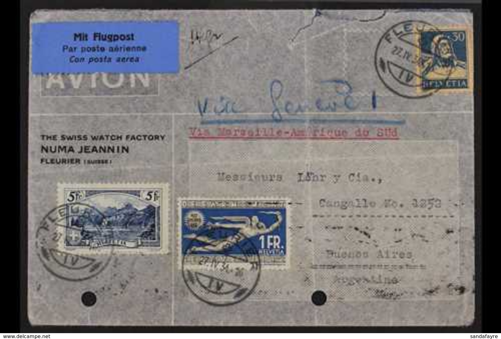 1934 Airmail Cover To Argentina, Bearing 1928-31 5f Landscapes (Michel 227), Plus 30c & 1f Stamps, Tied By "Fleurier" Cd - Andere & Zonder Classificatie