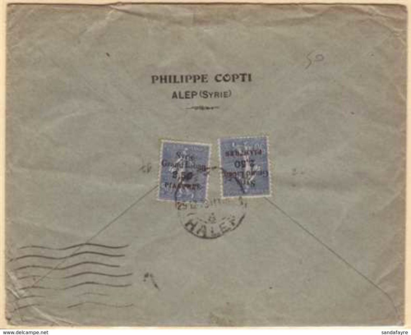 1923 Commercial Cover To France, Franked Two 1923 2.50pi On 50c "Syrie Grand Liban" Overprints, SG 105, HALEP C.d.s. Can - Syrie