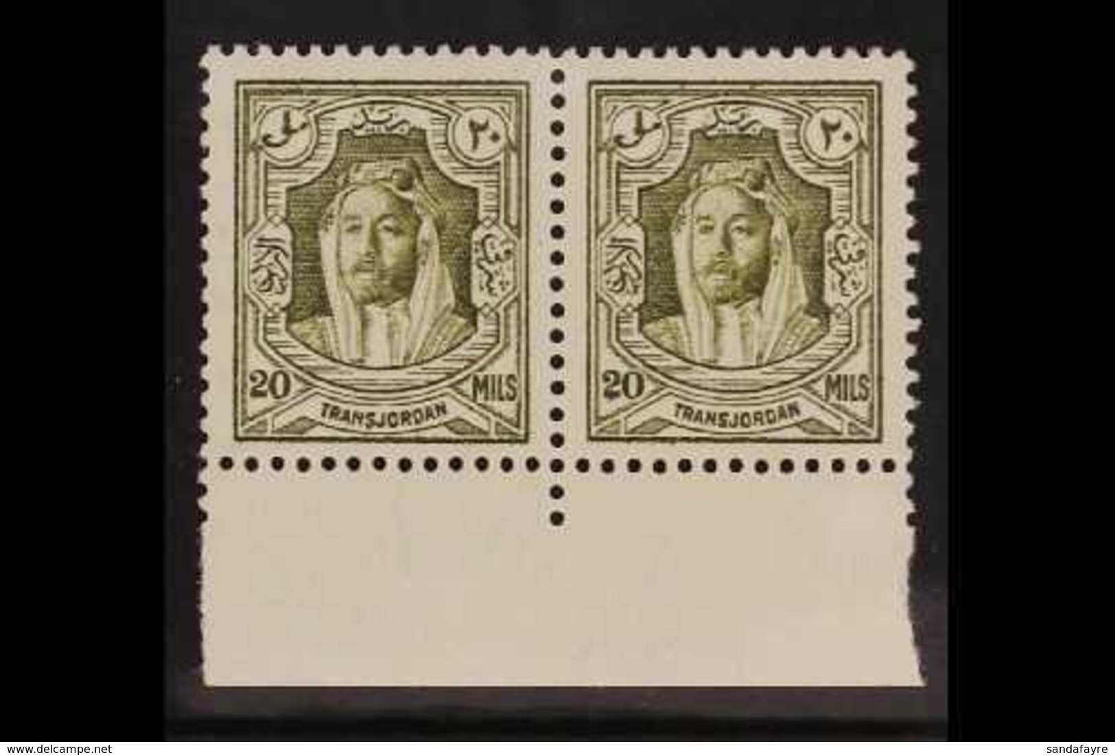 1930-39 20m Olive-green, Perf 13½ X 13, Lower Marginal Horizontal Pair, Never Hinged Mint. For More Images, Please Visit - Jordanië