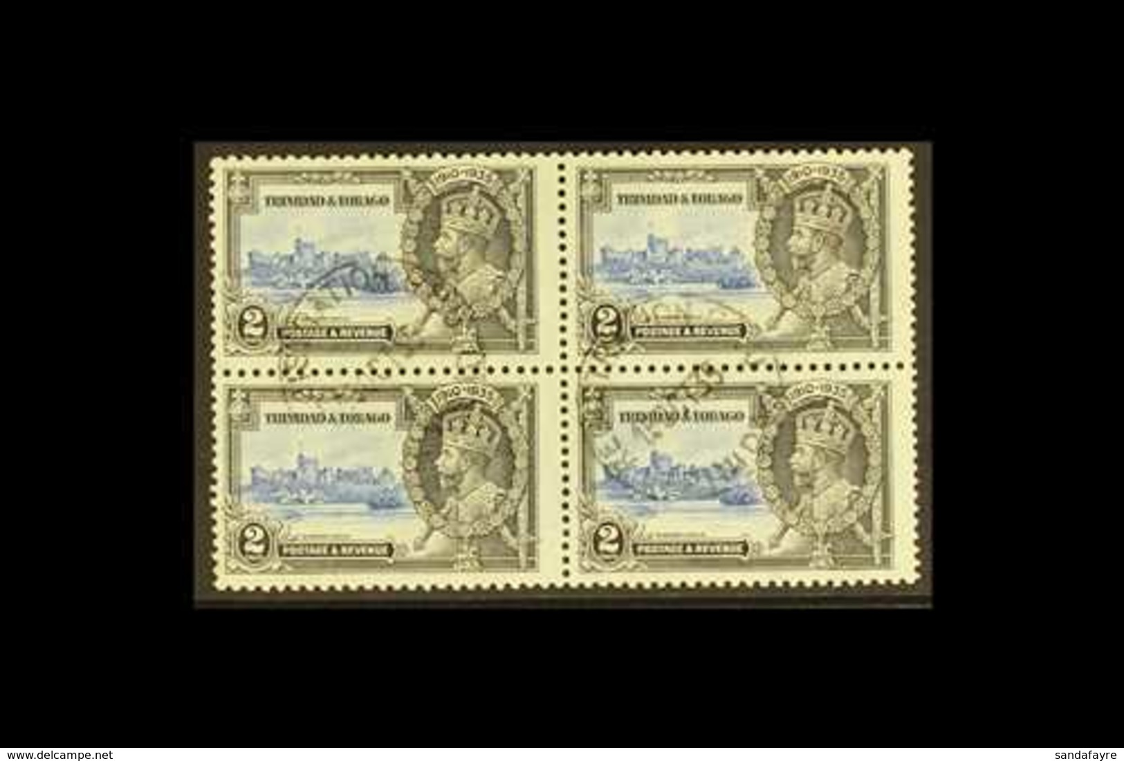 1935 2c Ultramarine And Grey Black Jubilee, Variety "Extra Flagstaff", SG 239a, In A Used Block Of 4 With Normals. For M - Trinidad En Tobago (...-1961)