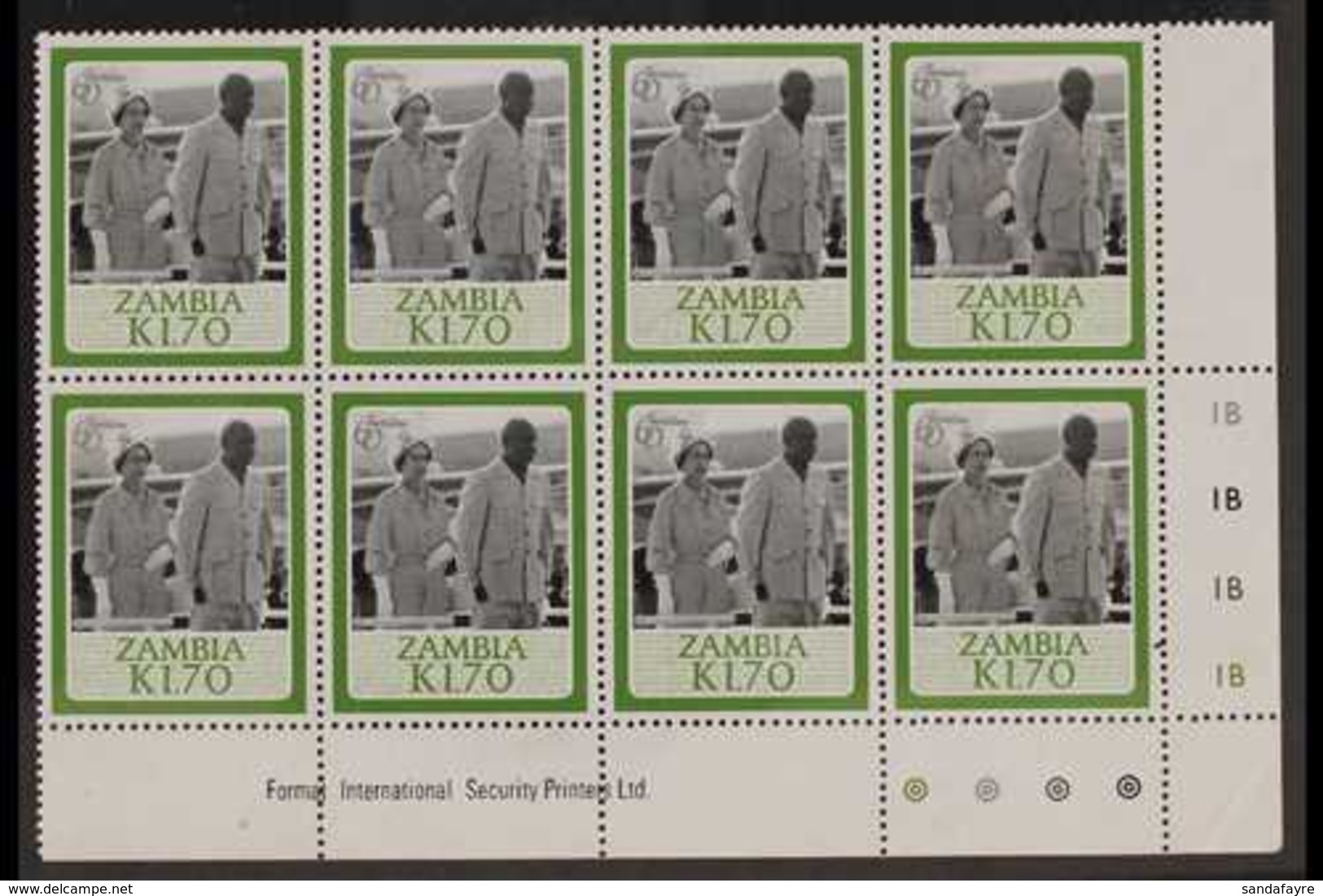 1986 1.70k Birthday Perf 14x14½, SG 455a, Lower Right Corner IMPRINT PLATE BLOCK Of 8, Never Hinged Mint (8 Stamps) For  - Zambia (1965-...)