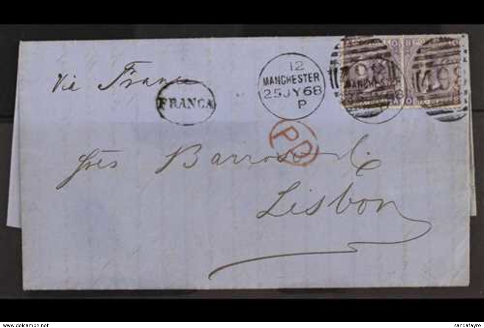 1868 (25th July) E/L To Lisbon Bearing A 6d Lilac, Plate 6 Pair, SG 104, Manchester Duplex Cancels, Clean & Fine. Cat £2 - Andere & Zonder Classificatie