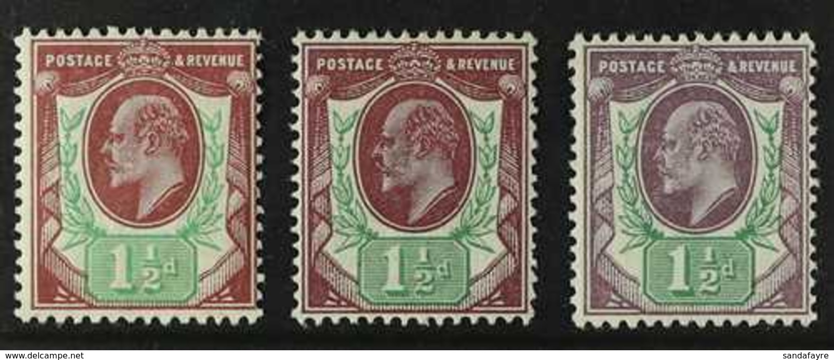 1911-13 SOMERSET HOUSE SHADES 1½d Reddish Purple & Bright Green (SG 287), 1½d Dull Purple & Green (SG 288) & 1½d Slate-p - Zonder Classificatie
