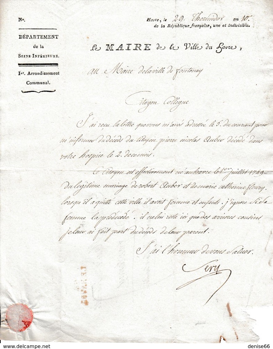 Thermidor An 10 (1802) La Ville Du HAVRE (76) à La Ville De FONTENAY (85) - Annonce De Décès - Historical Documents