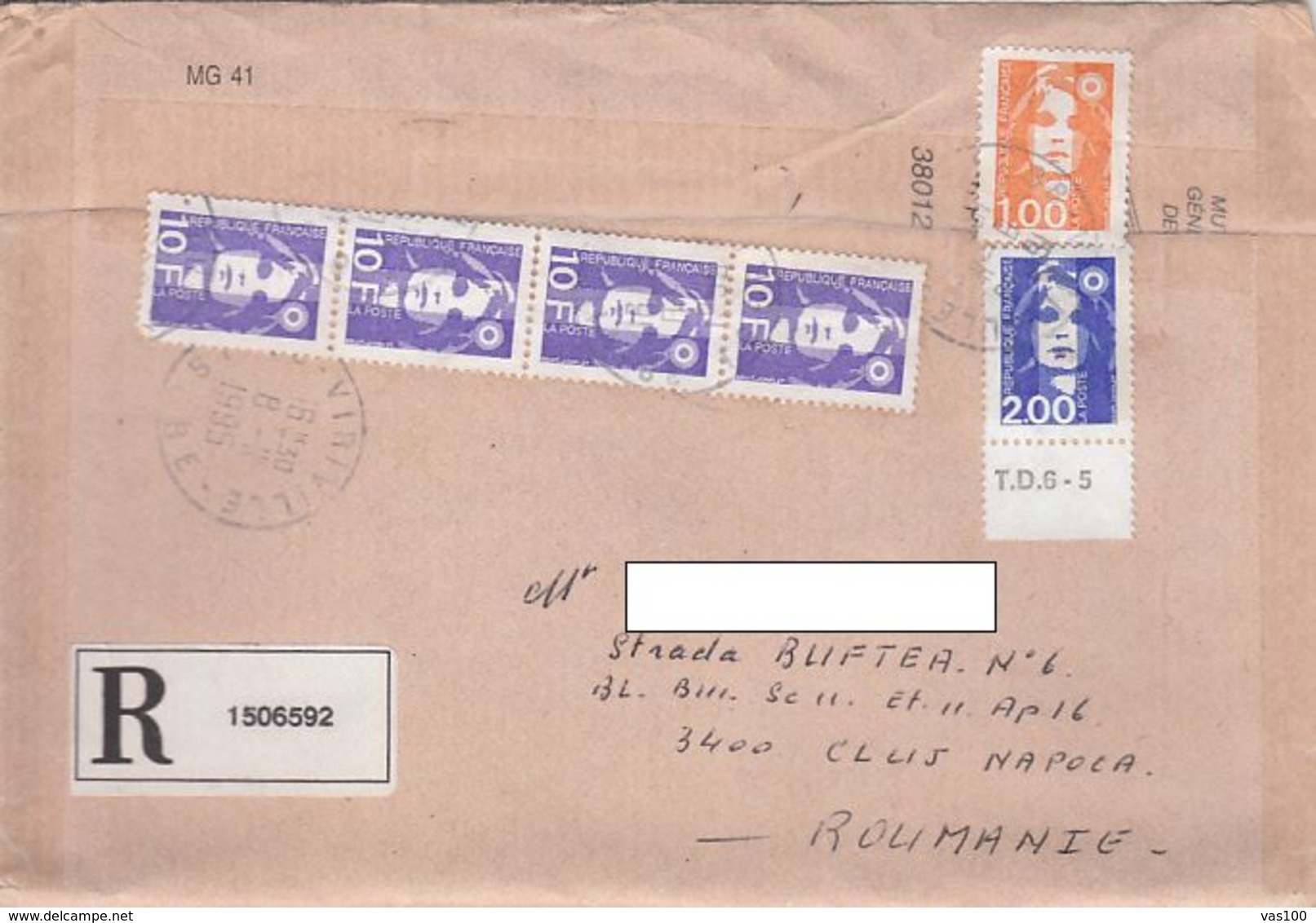 MARIANNE, STAMPS ON REGISTERED COVER, 1995, FRANCE - Lettres & Documents