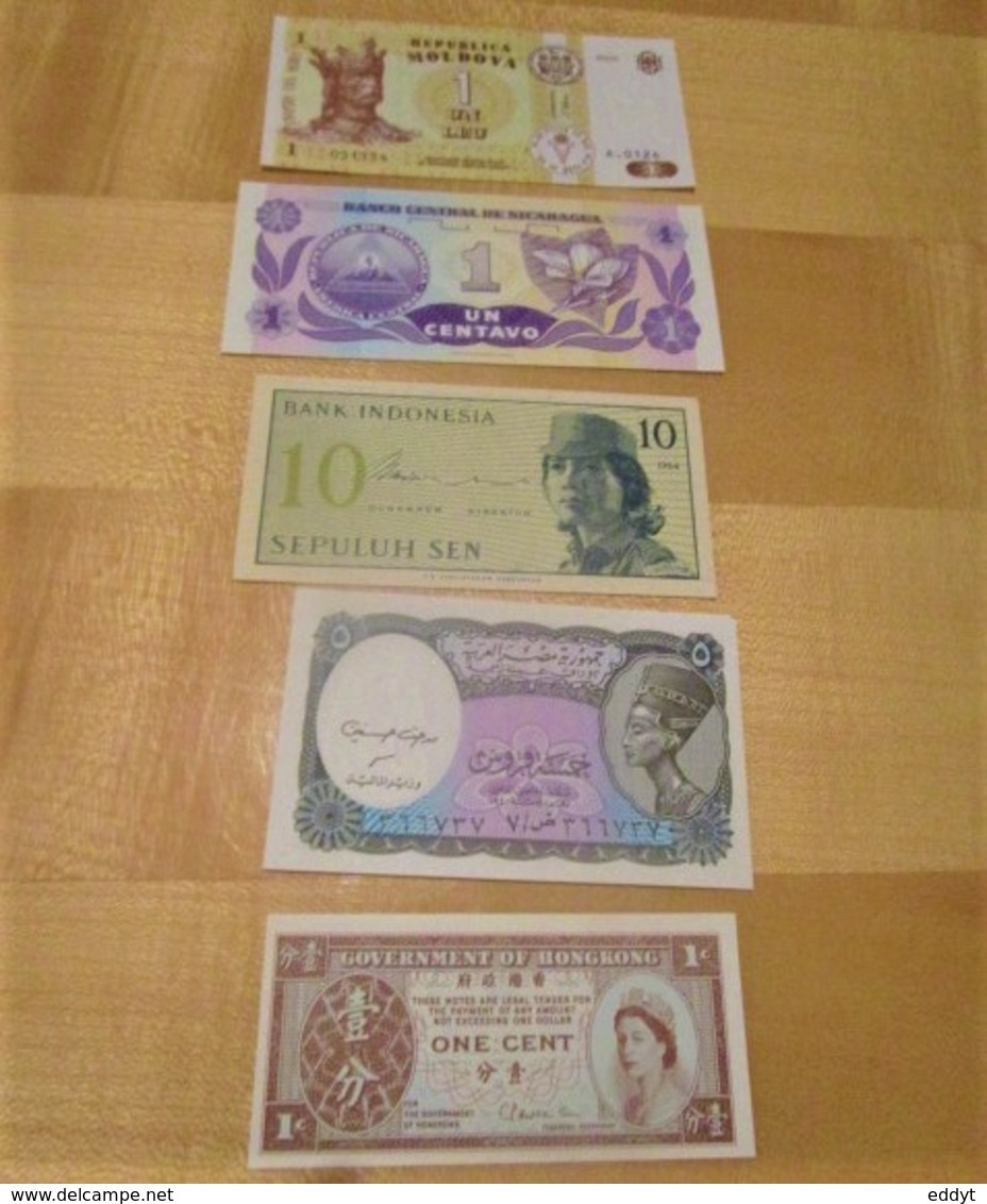 LOT De 5 Billets ( HONGKONG CHINE / MOLDAVA / NICARAGUA / INDONESIE / EGYPTE ) Neufs - Kiloware - Banknoten