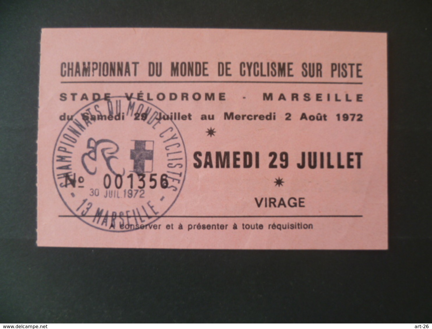 TICKET CHAMPIONNAT DU MONE DE CYCLISME SUR PISTE MARSEILLE 1972  VELO - Tickets D'entrée