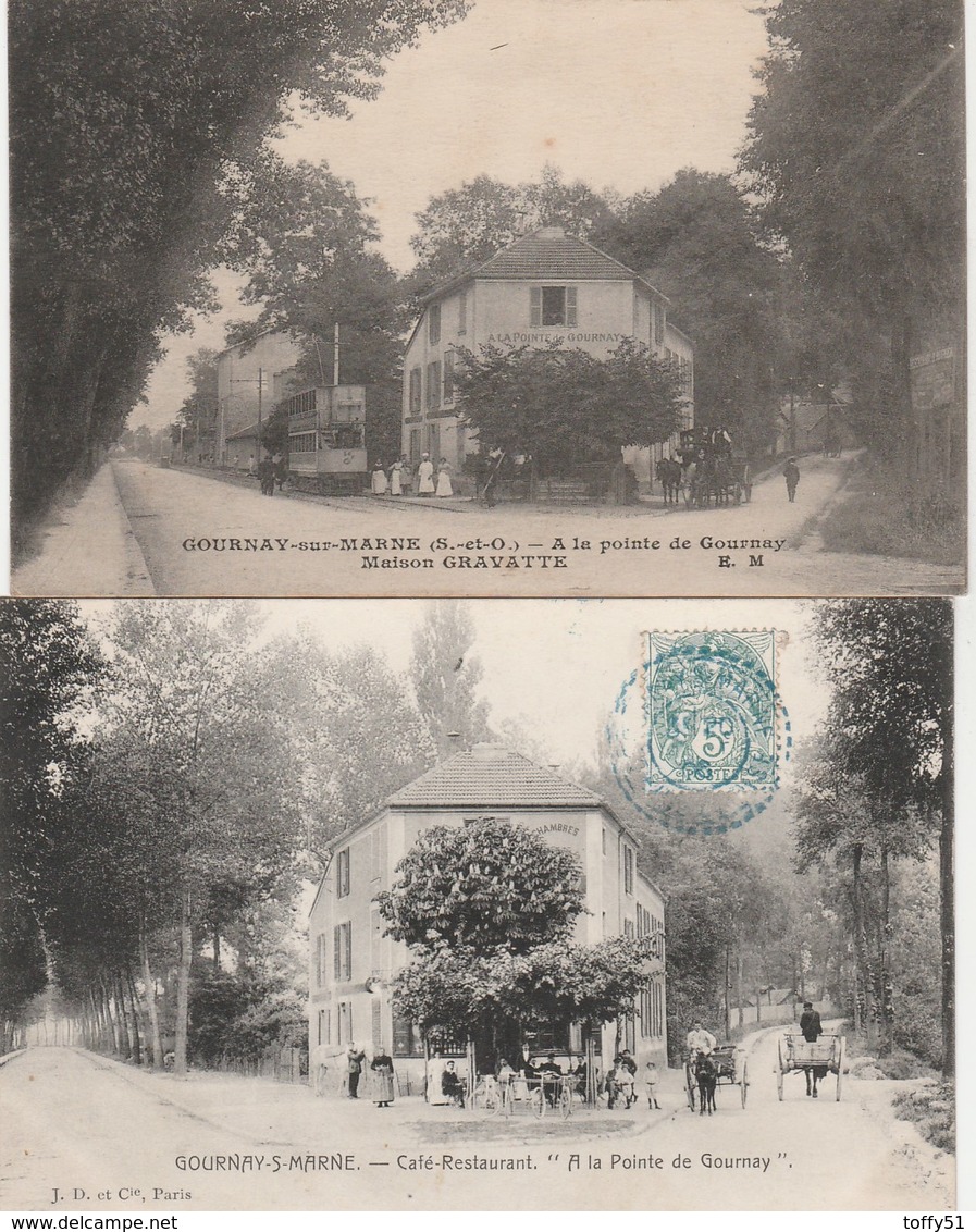 2 CPA:GOURNAY SUR MARNE (93) TRAMWAY MAISON GRAVATTE,CAFÉ RESTAURANT "À MA POINTE DE GOURNAY".ÉCRITES - Gournay Sur Marne