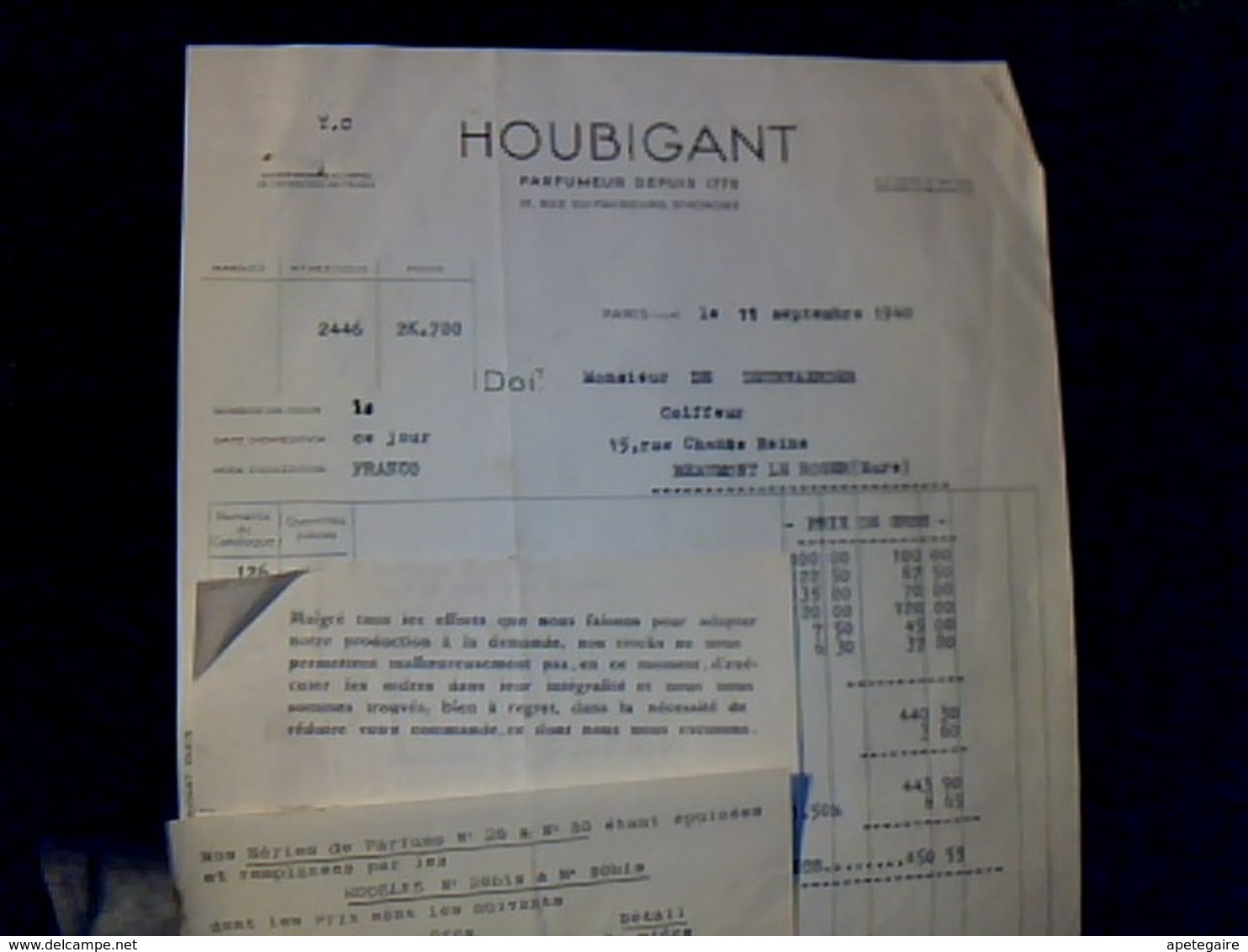 Facture Année 1940 Parfumerie HOUBIGANT à Paris Faubourg Saint Honoré - Altri & Non Classificati