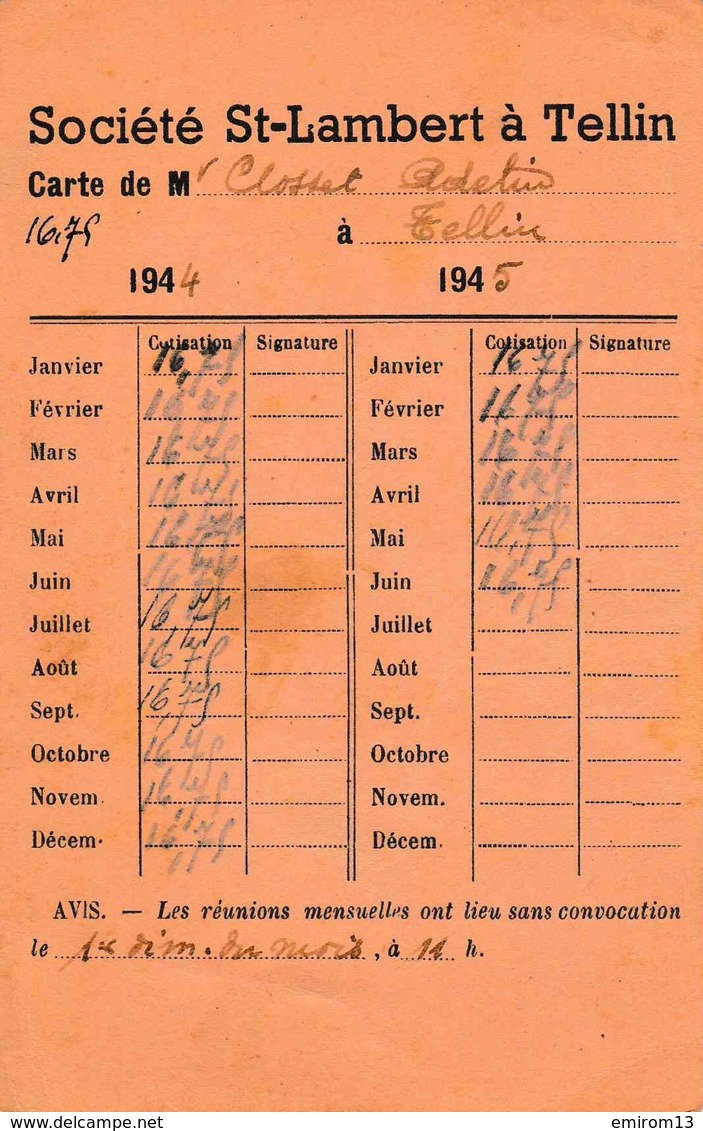 Société Saint Lambert à Tellin Carte De Membre 1944-45 - Tellin