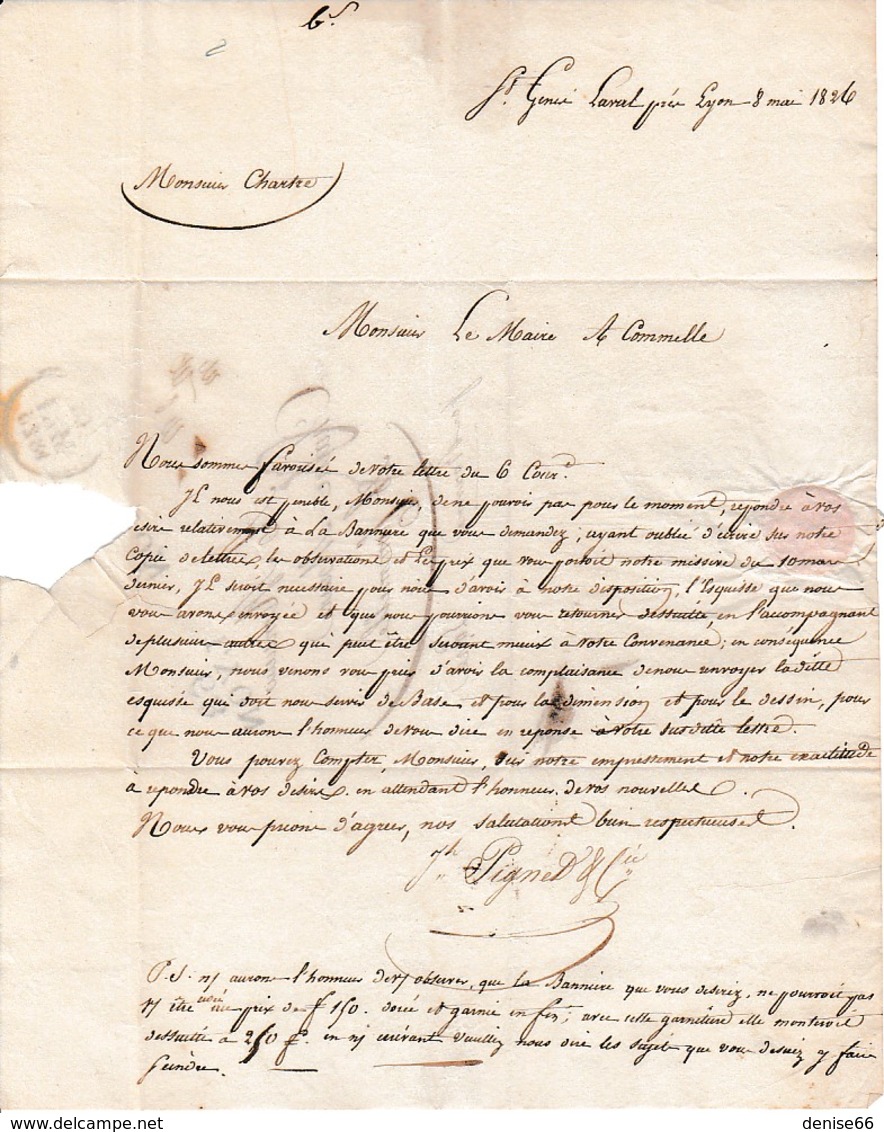 1826 - St GENIS-LAVAL (69) - L.S. Jh PIGNET & Cie à M. CHARTRE Maire De COMMELLE (42) Esquisse D'une BANNIÈRE - Documents Historiques